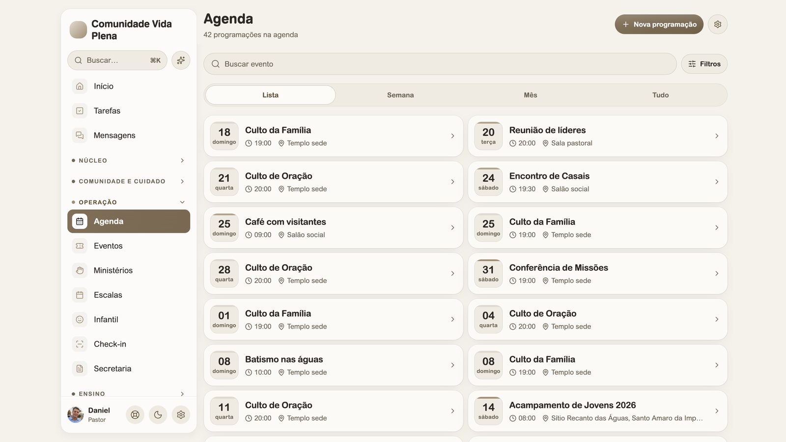 Agenda da igreja no Ponte para Igrejas: cultos, reuniões e eventos com dia, horário e local.