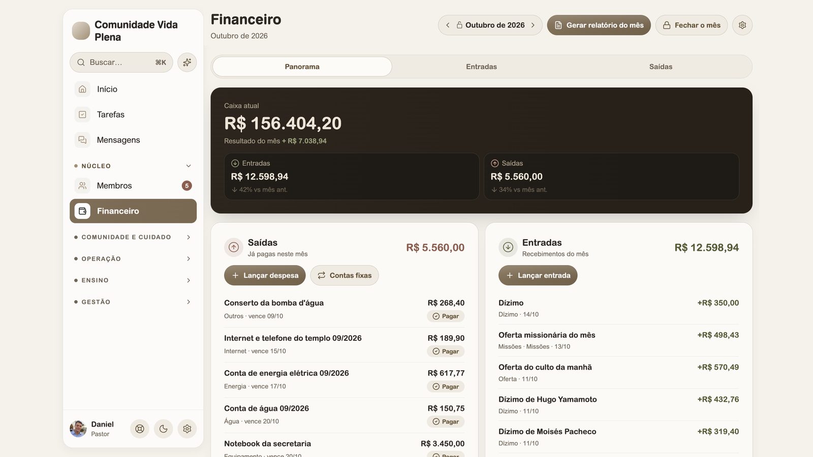 Financeiro do Ponte para Igrejas: caixa, entradas de dízimos e ofertas e contas a pagar do mês.