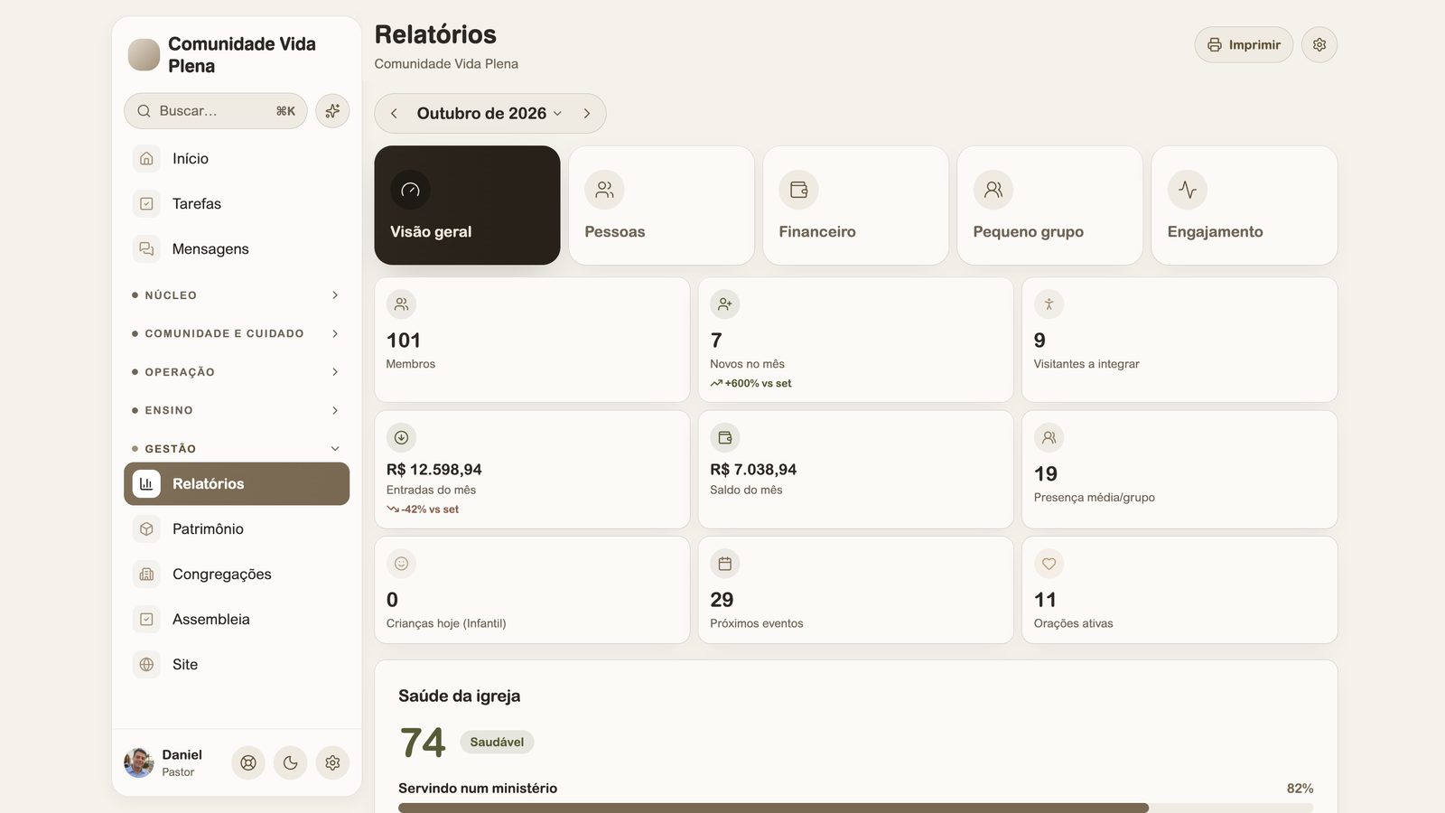 Relatórios no Ponte para Igrejas: membros, visitantes, entradas do mês, saúde da igreja e pontos de atenção.